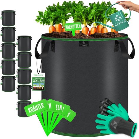 KESSER® Sacco da coltivazione 27 Litri - 10 in tessuto con etichette, finestra e manici – perfetto per verdure, fiori e frutta - Nero