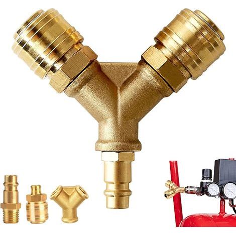 Distributeur d’Air en Y, Distributeur d'Air Comprimé, Raccord Air Comprimé à 2 Voies, Répartiteur d'air comprimé, Avec Deux Connecteurs Filetés 1/4 Pouce, en Laiton Antirouille (1/5)