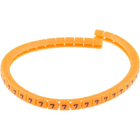 Repère câble à pression , Ø câble 3 3.4mm, texte : 7, Noir sur Orange ( Prix pour Bobine de 100 )