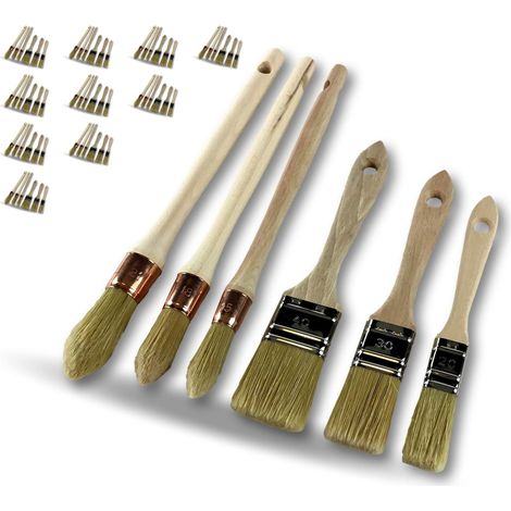 Set de 6 pinceaux fabrication française  Lot de 10  Matériel professionnel  3 plats à vernir : 20 - 30 - 40 mm 3 pouces rechampir 15 - 18 - 21 mm  Poils de soie blanche  Kibros LOT371323PROx10 (1/5)