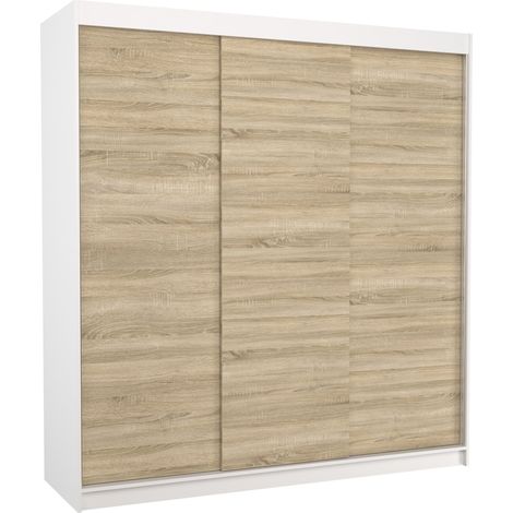 Les Tendances – Armoire chambre adulte 3 portes coulissantes – Blanc et bois clair – L 200 x H 215 x P 58 cm – Aménagement intérieur penderie et étagères réglables (1/5)