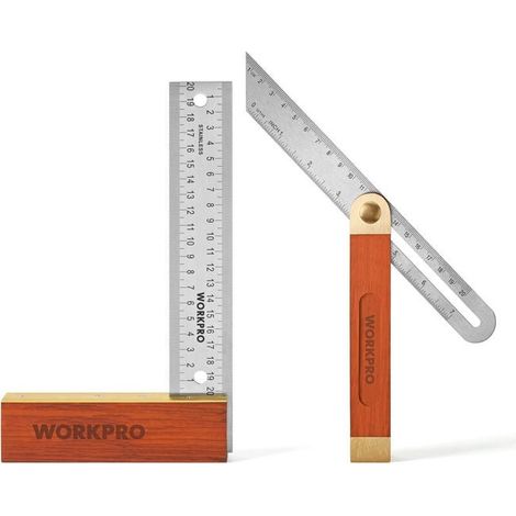Équerre de menuisier 2 pièces, équerre 200 mm et fausse équerre 230 mm, lame inoxydable et manche bois rouge, outillage professionnel pour charpentier et bricoleur (1/4)