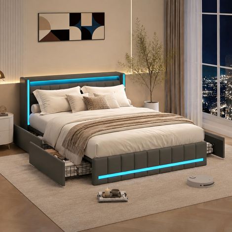 Lit enfant 90x200 cm avec tête de lit de rangement, ports USB, LED à la tête et au pied, rangement hydraulique, velours gris (1/5)
