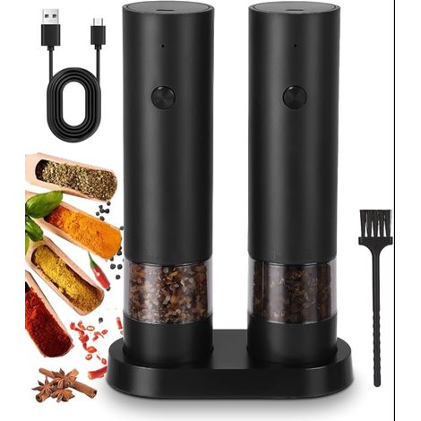 Moulin à Poivre Électrique, Moulin à Sel et Poivre électrique avec Base, 2 Vitesses de Mouture Réglable, Rechargeable USB, Salieres et Poivrieres Electrique avec Brosse (1/5)