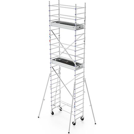 Rollgerüst aus Alu - Länge 1.80m, 2 Bühnen 168x60cm mit Fußleisten, Bühnehöhe 5m, Holme Ø 50mm, Traglast 200kg pro m2, TÜV GS, 5 Jahre Garantie - TOS518L