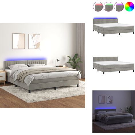 Boxspringbett mit Matratze & LED Hellgrau 160x200 cm Samt - Boxspringbett - Samtbett - Doppelbett - LED Beleuchtung - Lattenrost (1/5)