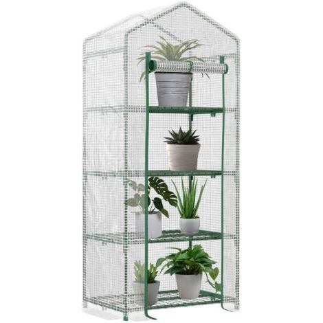 Pair Outsunny Serre de jardin PE avec étagères 4 niveaux, serre de balcon, bâche renforcée 140 /m², châssis en acier, porte zippée enroulable, pour légumes plantes, intérieur extérieur, 70x50x160cm, b (1/5)