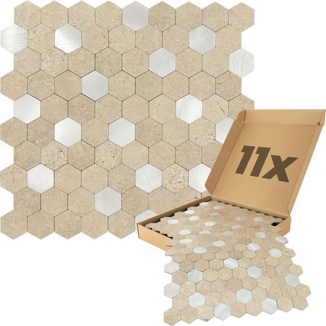 Wandpaneele selbstklebend, Hexagon Muster 0,88m², 11 Stück Wandverkleidung feuchtigskeitsbeständig, Premium Qualität für Bad und Küche - Sand Silber