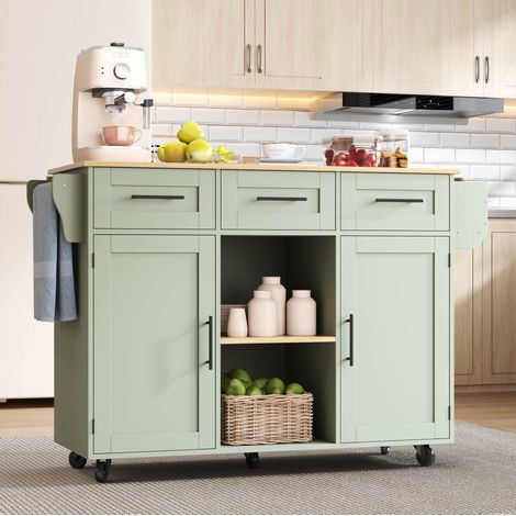 Meuble de cuisine sur roulettes 139 x 46(71) x 91,5 cm avec plateau rabattable vert HAVRYA (1/5)