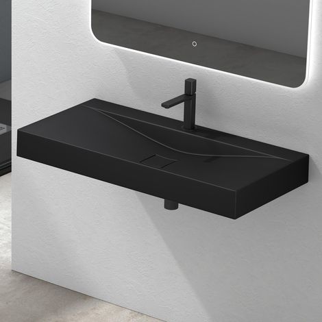 Mai & Mai Lavabo da Appoggio 100x48x10cm, Lavabo Bagno Sospeso Lavandino Bagno Rettangolare Colossum810 Marmo fuso, Nero Opaco