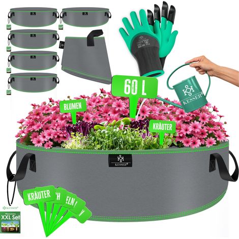 KESSER® Pflanzsack 60 Liter (60x25) - 5er Set aus Vlies mit Namensschildern, Sichtfenster & Griffen – ideal für Gemüse, Blumen & Obst - Grau