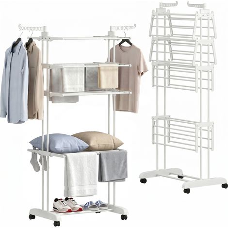 Séchoir à linge - HOMCOM - pliable 4 niveaux - avec roulettes et ailes latérales - acier - 73x64x172cm - blanc (1/5)