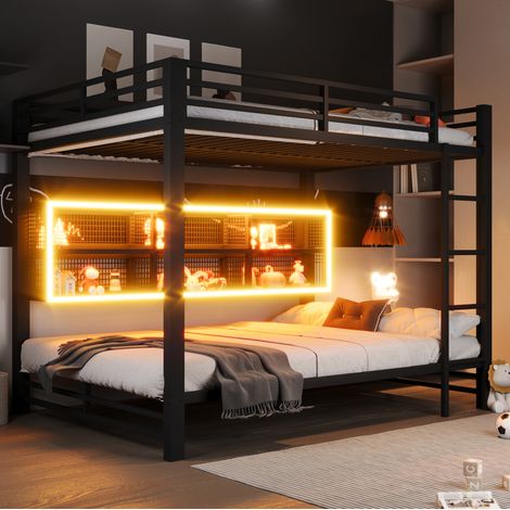 FLORAGRACE Letto a castello 140x200 cm in metallo nero, con 6 vani portaoggetti, LED integrato e protezioni di sicurezza (1/5)