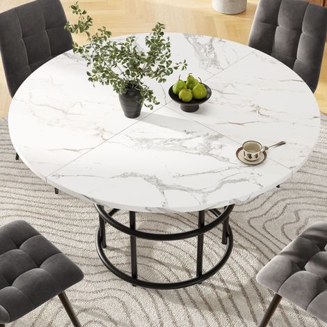 Table à Manger Ronde 100 cm Marbre Pieds Métal Noir - Design Moderne, Gain de Place - Idéal Cuisine et Salon