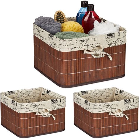 Relaxdays Set of 3 Storage Baskets, Bamboo & Polyester, 20 x 31 x 31 cm, with Handle Hole, Fabric Lining, Brown/Cream (1/5)