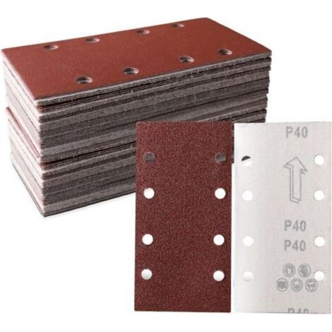 50 feuilles de papier de verre, 93 x 185 mm, carrées et autocollantes, 8 trous, grain 40. Idéal pour le ponçage, le polissage et le décapage de la rouille. Compatible avec les ponceuses rectangulaires (1/4)