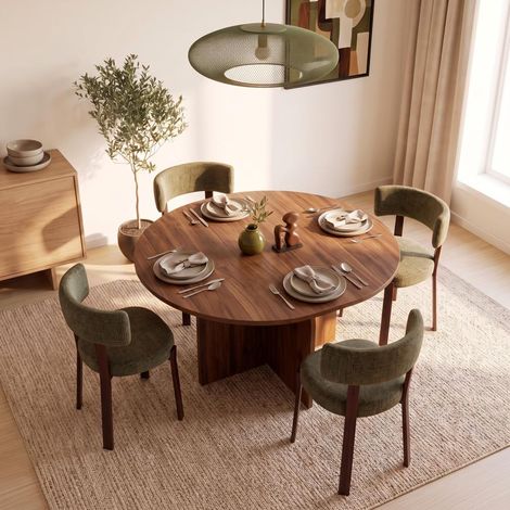 Table à manger ronde extensible 110/150cm en MDF finition noyer ZELIE (1/5)