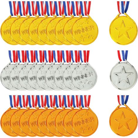 Medaille pour Enfant, 30 Pcs Médailles d'or Gagnant Médailles en Plastique avec Collier, Médaille d'or Médaille d'argent Médaille de Bronze avec Rubans de Cou pour pour Le Sport, Les Compétitions