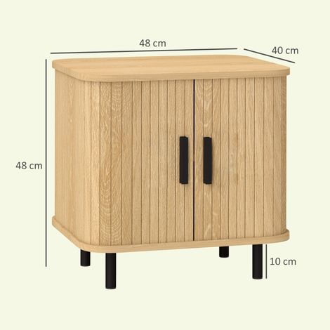 Table d'appoint en chêne avec portes à lattes et pieds en acier, meuble de chevet pratique pour chambre et salon, rangement élégant. (1/5)