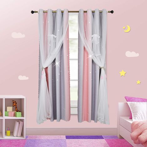 Coppia di tende oscuranti a doppio strato per la cameretta dei bambini e il soggiorno, fantasia rosa con stelle da principessa, 132 x 160 cm. (1/5)