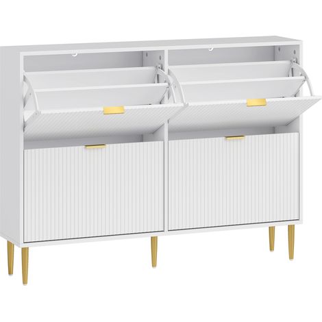 Meuble Chaussures Winifred Art Déco 4 Portes Blanc Doré Rangement Élégant Entrée