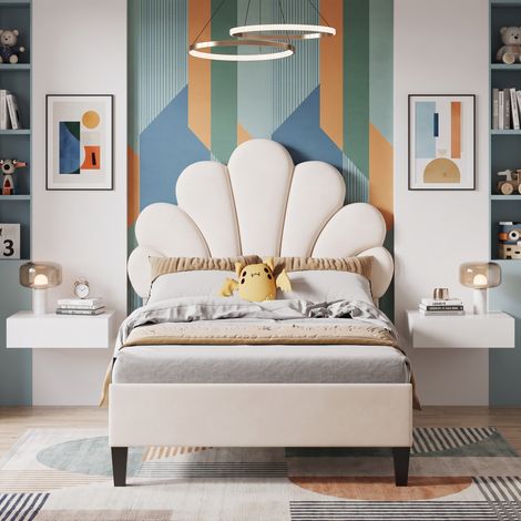 JOOKGBD‑Cama infantil 90x200cm individual con cabecera en forma de pétalos, tapizada en terciopelo beige, somier de listones, estructura robusta para habitación infantil (1/5)