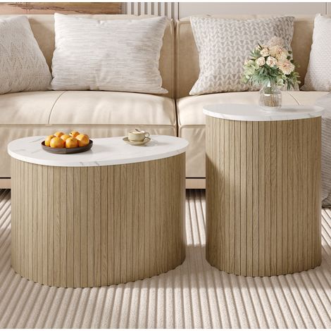 Mesa de centro juego de 2 en MDF natural y blanco, diseño curvo, 60 cm (1/5)