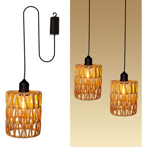 Lustre décoratif en rotin, lustre à piles avec ampoule blanc chaud, petite suspension avec crochet pour extérieur et intérieur, 1 paquet (1/5)