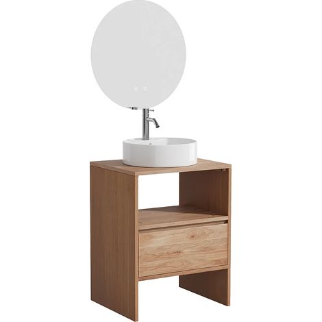 Mobile bagno in legno di quercia massello con lavabo da appoggio rotondo, rubinetto e specchio Naturale chiaro 60 cm - CAVIZO (1/5)