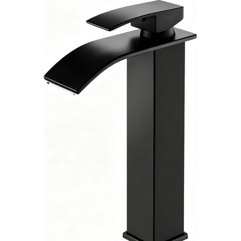 Robinet de Lavabo Cascade Noir Mat Haut en Acier Inoxydable 304 - Mitigeur Chaud/Froid pour Vasque à Poser avec Cartouche en Laiton (Modèle Haut - 8002A) (1/5)