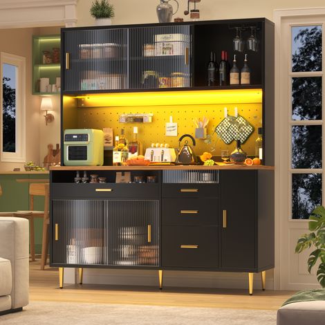 Buffet haut 145 x 39 x 171 cm avec éclairage LED, portes vitrées, MDF, métal et verre, noir OKMYHOME (1/5)