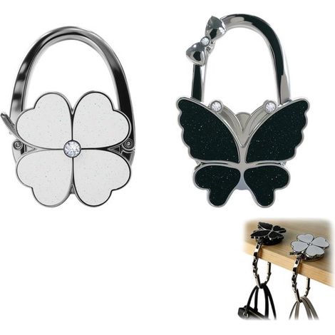 Crochets de sac pour table 2 pièces – Porte-sac de table antidérapant avec décoration papillon et strass – Crochet pliable pour bureau restaurant et sorties – Noir blanc (1/5)