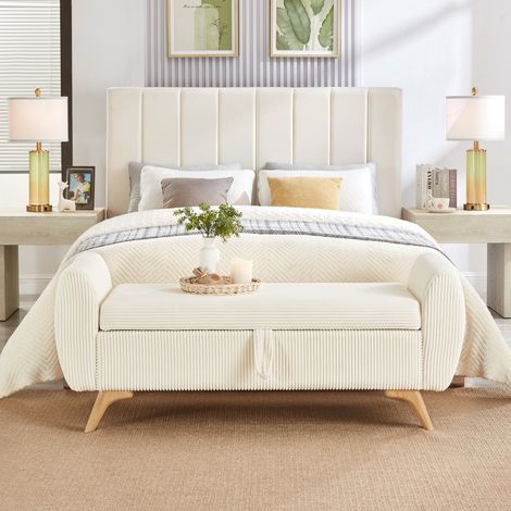 Banc de Rangement Pliable Coffre en Velours Côtelé avec Pieds en Bois Assise Confortable Charge 150 kg (1/5)