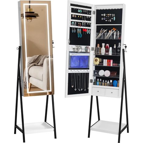 Armoire à Bijoux sur Pieds, Lumière LED 3 Couleurs Réglable, Meuble de Rangement Cosmétiques, Organisateur de Bijoux sur Pieds, Placard Beauté avec Miroirs, Etagères (1/5)