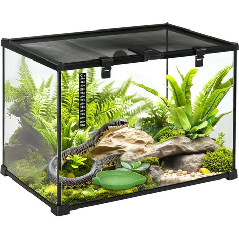 Terrario per Rettili Coperchio Scorrevole con Griglia Metallica e Termometro 50x30x35 cm in Vetro e Metallo Nero