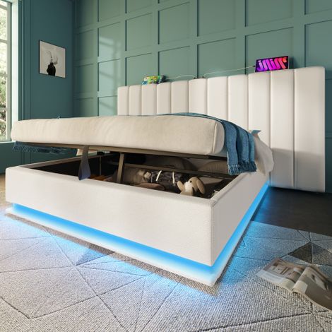 Lit coffre 160x200 cm, lit double capitonné avec LED et charge USB-C, sommier à lattes inclus, similicuir, ​​blanc, sans matelas et table de chevet