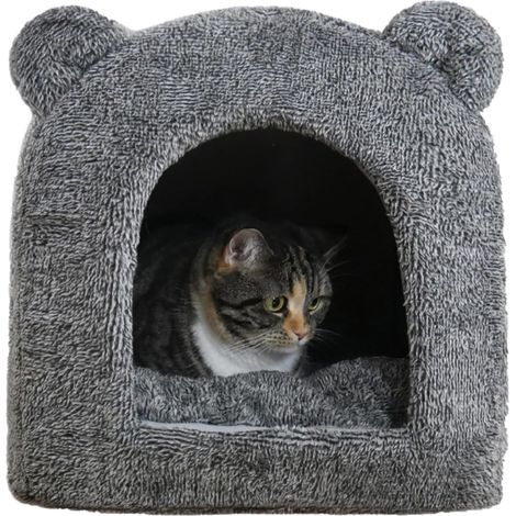 Niche pour Chat 38 x 38 cm en Peluche Teddy avec Coussin Amovible Base Antidérapante et Couchage Doux pour Chatons et Chats de Petite Taille Gris (1/5)