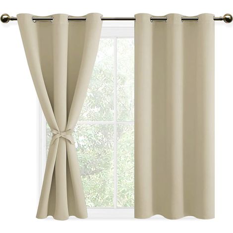 Rideaux Occultants 132x137 cm Beige Clair  Lot de 2 avec Embrasses, Œillets, Design Moderne pour Chambre ou Salon
