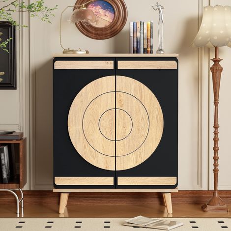 Scarpiera 76 x 37 x 98,5 cm dal design geometrico moderno - mobile da ingresso con ante a motivo circolare e piedi in legno massello - nero