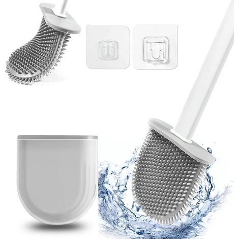 Set brosse WC antibactérienne en silicone – Kit de nettoyage avec ventouse – Compact et pliable – Accrochable – Gris et blanc – Design luxe (1/5)