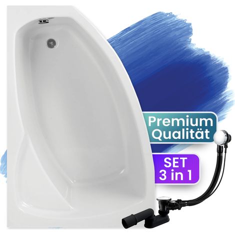 Badewanne Eckbadewanne 150x90 Links, Ablaufgarnitur & Füßen GRATIS - Komplettset 3in1 Original Acryl Wanne Premium Siphon - Made in EU - BADLAND FRIDA (1/5)