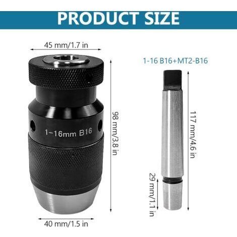 Mandrin de perçage MK2-B16 avec une plage de serrage de 16 mm, mandrin de tour pour métaux, idéal pour le montage d'outils de tour, mandrins de perçage et de tour pour MK2.