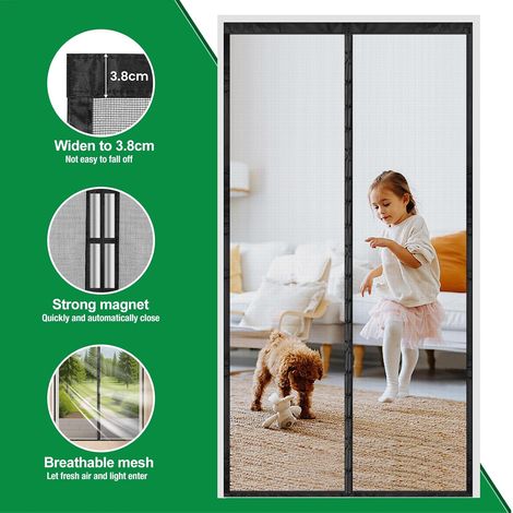 4UMOR Moustiquaire Porte Fenêtre Magnétique 120x220cm, Rideau Anti Mouche Aimanté, Filet Porte Au Maillage Fin, Se Ferme Automatiquement, Largeur Supérieure Jusqu'à 3,8cm, Ruban Adhésif Inclus, Noir