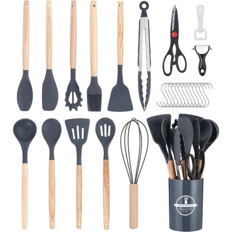 Set di utensili da cucina in silicone, 27 pezzi, grigio, senza BPA, antiaderente, antigraffio, con contenitore per la conservazione. (1/5)