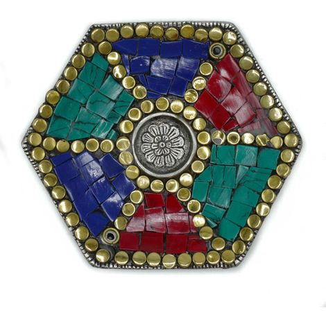 Plaque hexagonale, décor tibétain, porte-cône et bâton- Vendu par 1 (1/3)