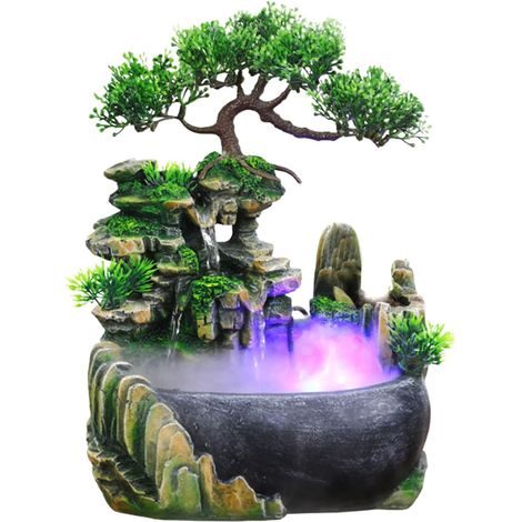 Fontaine D'intérieur avec éclairage LED, Fontaine de Table Cascade avec Brumisateur Fontaine de Bureau à LED en Cascade Fontaine d'intérieur Zen Light avec Plantes (1/5)