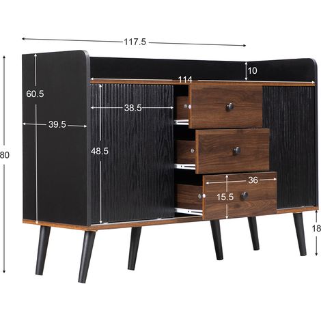 Buffet 3 tiroirs en bois veiné, meuble de rangement moderne pour salon ou chambre, avec étagères, finition bois clair, dimensions H80 x L117,5 x P40 cm (1/5)