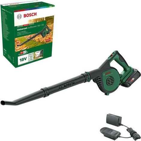 Bosch Soplador de Hojas a Batería UniversalLeafBlower 18V-130 (Para una Limpieza Rápida y Sencilla de Exteriores, Sistema de 18 Voltios, 1 Batería de 2.5 Ah y Cargador)