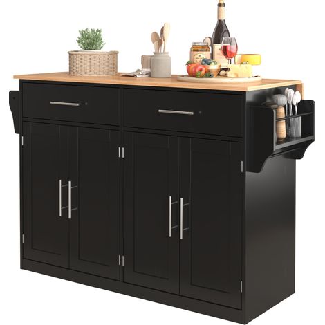Carrello da Cucina con 2 Cassetti, 4 Ante, Piano Ribaltabile, Ruote e Portasciugamani, Nero 120x46x91,5 cm (1/5)