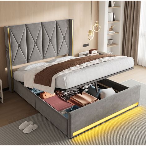 Bett Doppelbett Stauraum 160x200 Samt Dunkelgrau OKMYHOME (1/5)